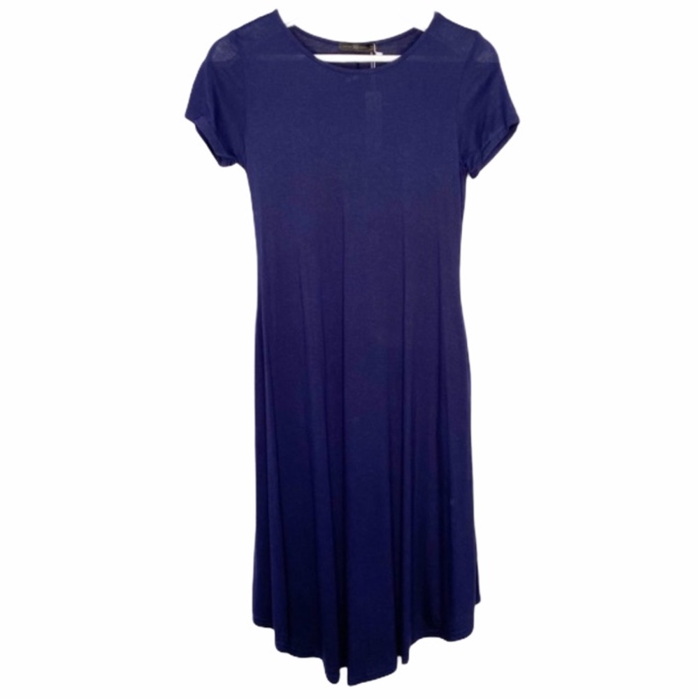 NEW Navy Blue Jersey Knit T-shirt A-line Swing Dress Pockets XS